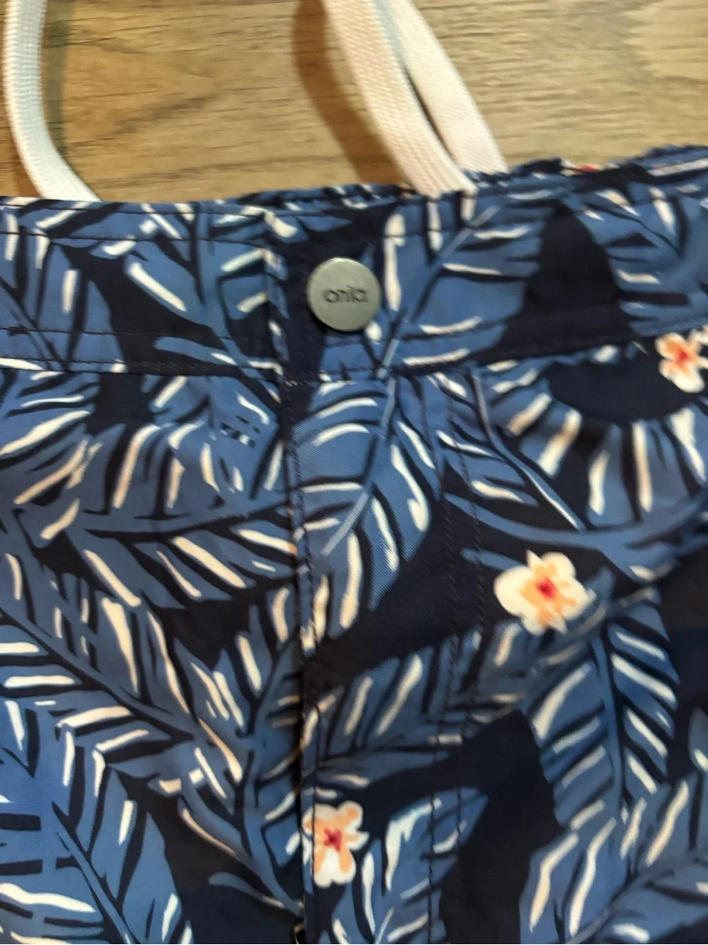 Onia Navy Floral Leaf-Print Swim Trunks